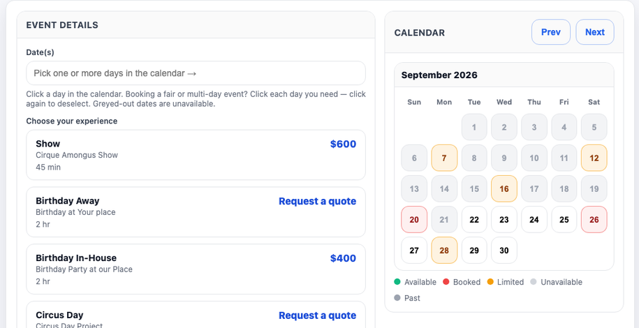 A client booking screen in ActBook: choose a package at a set price, and pick a date from real, colour-coded availability