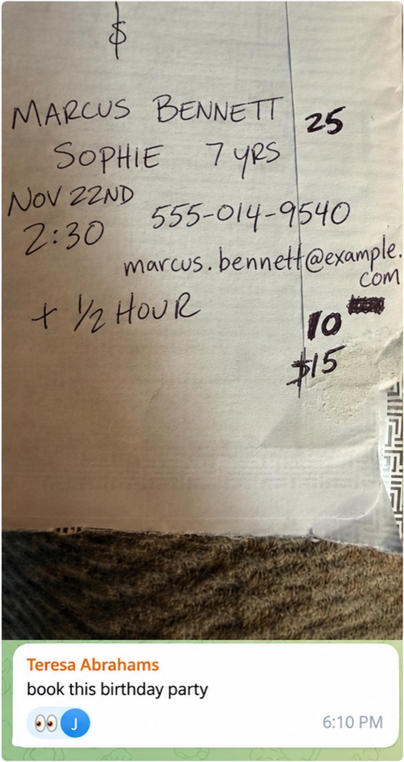 A handwritten note on a torn box flap: Marcus Bennett, Sophie 7 yrs, Nov 22nd 2:30, a phone number and email, plus one-half hour and a few scratched figures. Below it, a text: 'book this birthday party.'