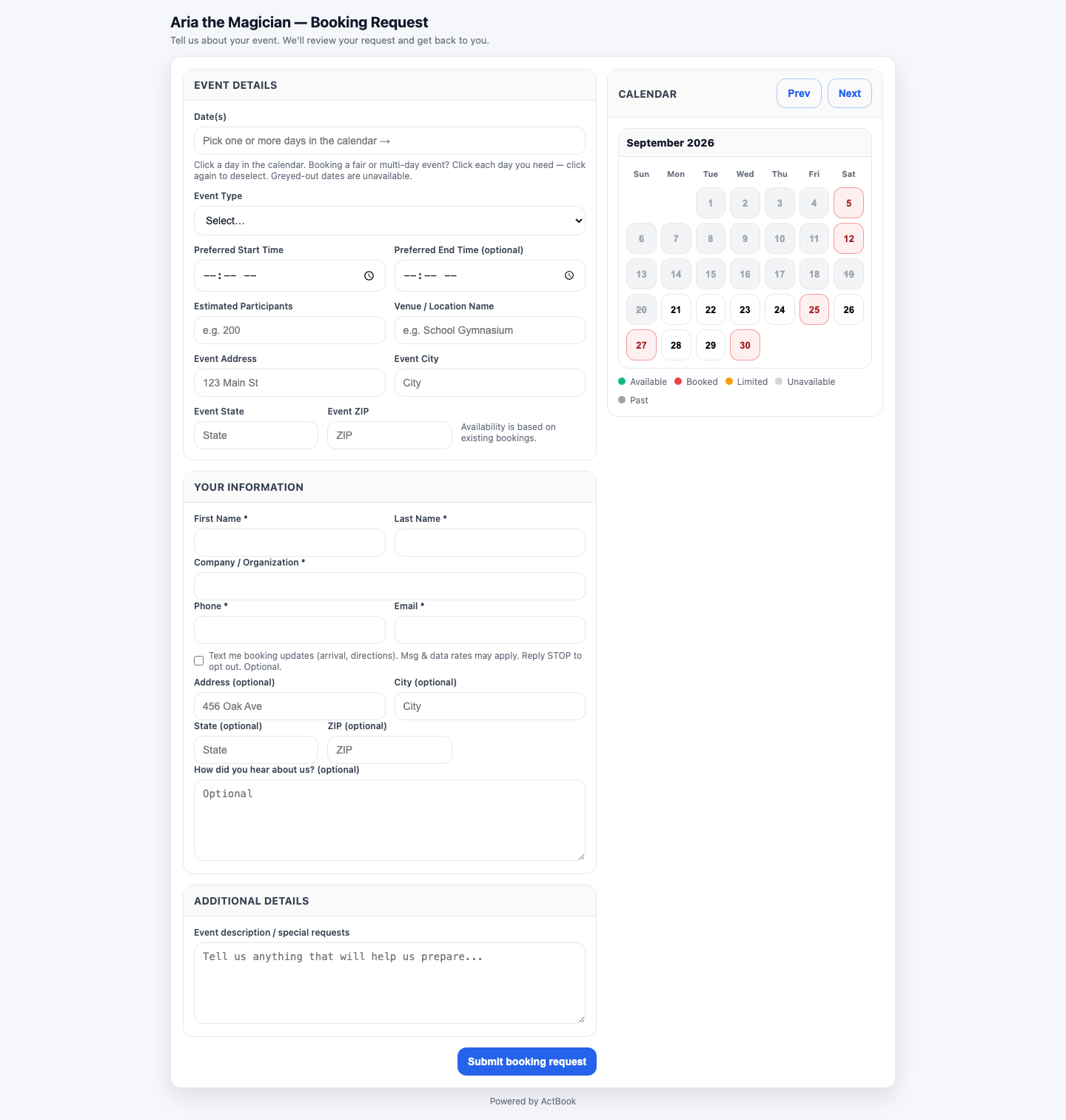The public self-booking form a client uses to request a date