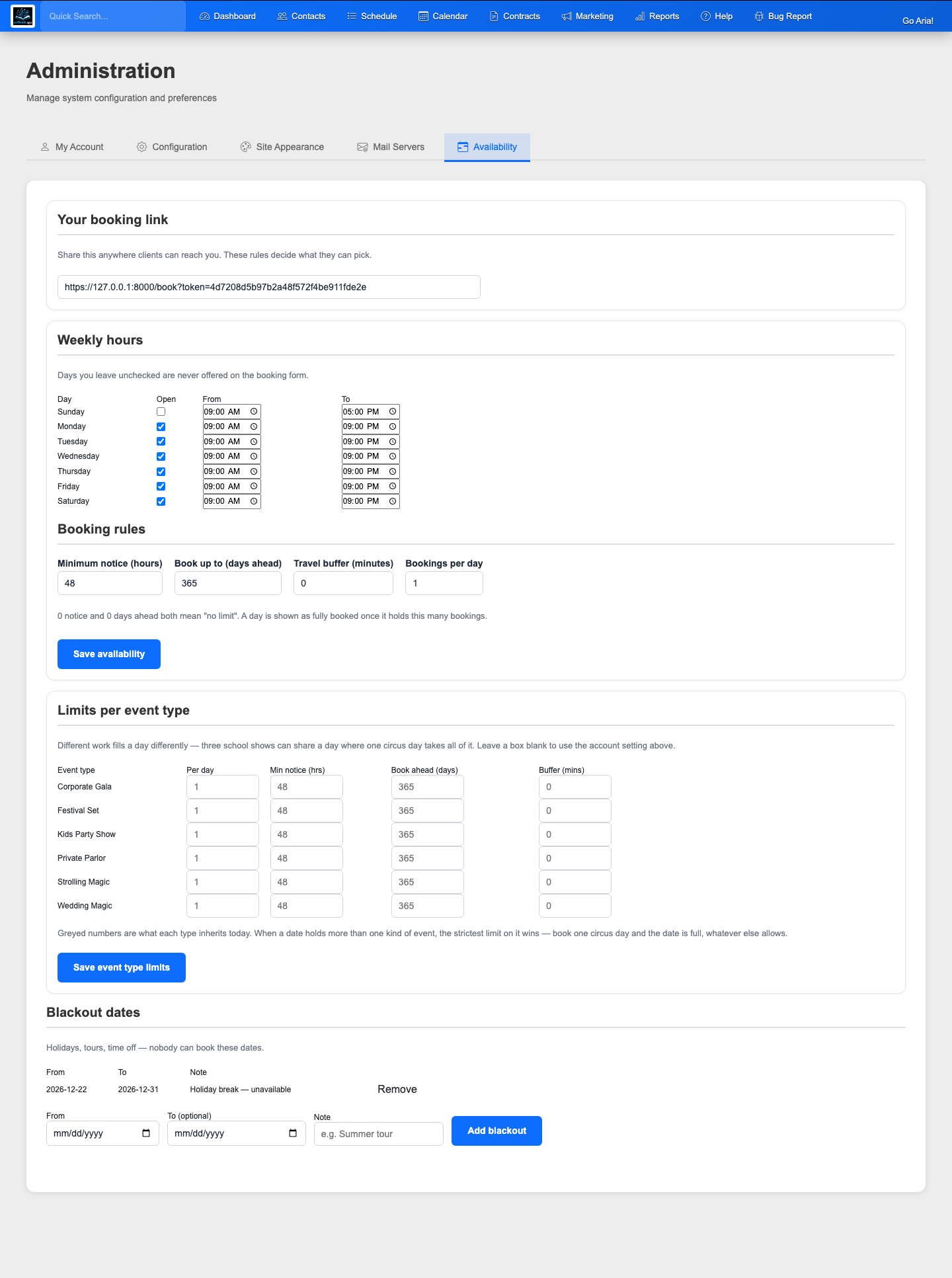 Availability settings: working hours, buffers, and blackout dates
