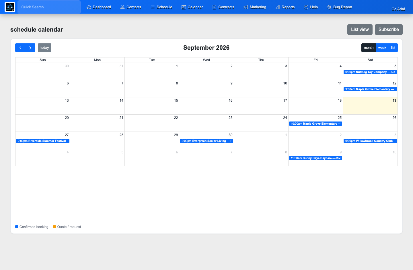 The calendar showing confirmed gigs and pending quotes across the month