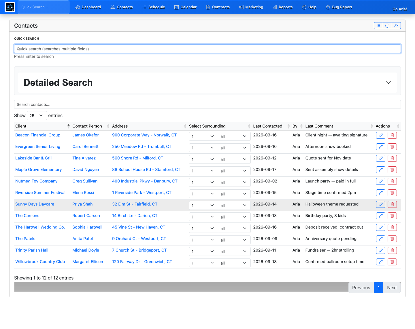The contacts list: past and current clients, venues, and booking history