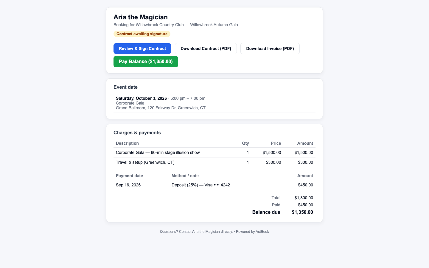 The invoice and pay-by-card section of the client portal