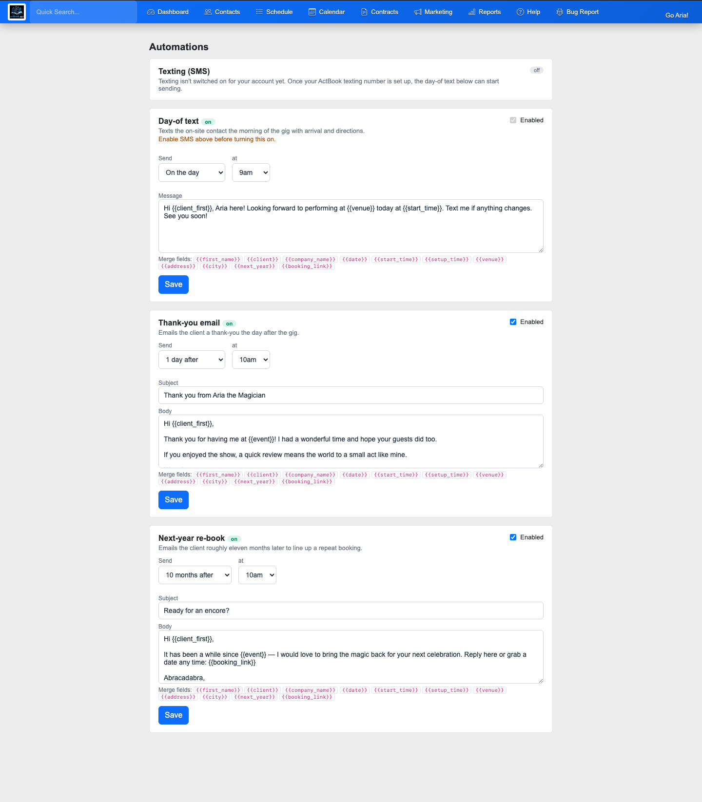The automations screen: day-of text, thank-you email, and re-book nudge