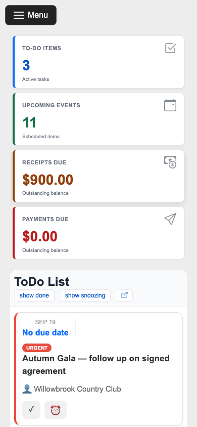 ActBook's dashboard on a phone, with stacked stat cards and a to-do list